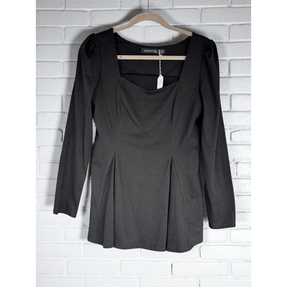 Homeyee Womens Size 8 Black Square Neck Long Sleeve Peplum Blouse Top Minimalist